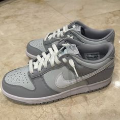 These Are Brand New, Never Worn, Laced Two Tone Grey Nike Dunks. Size 7y. Nike Dunk Two Toned Grey, Grey Nike Dunks, Shoes Nike Dunks, Nike Dunk High, Dunk High, Swag Shoes, Grey Nikes, Kids Nike, Shoes Nike