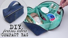 an open denim bag with makeup and toiletries inside