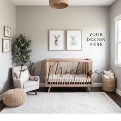 a baby's room with gray walls and pictures on the wall