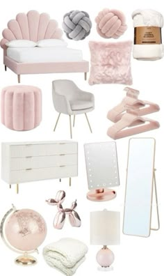 a collage of pink and white furniture, pillows, lamps, mirror, rugs and other items