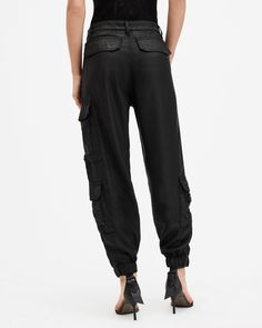 They look like leather but are made from super-soft fabric – the Himari Cargos are different. Cut to a relaxed fit with an elasticated hem, the classic shape features multiple pockets for an easy look that can be dressed up or down.  These pants are designed to a relaxed fit Mid-rise Coated fabric Button closure with zipper fly Welt back pockets Elasticated hem Tapered cuffed leg Fit Cargo Pants, Leather Jacket Black, Sweaters And Jeans, Cargo Trousers, Denim Coat, Denim Outfit, Fall Outfits Women, All Saints, Denim Shop