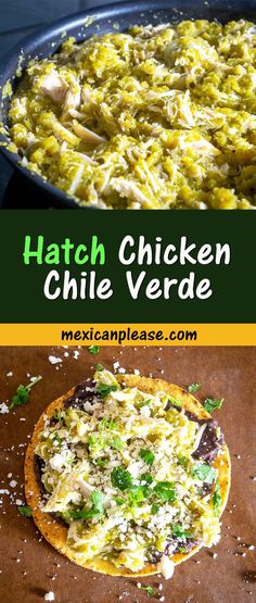 chicken and rice dish in a skillet with text overlay that reads hatch chicken chile verde