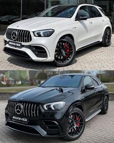 the front and side view of a white mercedes gle - class suv with black rims