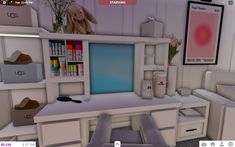 Desk Area Bloxburg, 2x3 Office Bloxburg, Custom Desk Bloxburg, Work Station Bloxburg, Vanity Ideas Bloxburg, Bloxburg Makeup Desk, Bloxburg Nail Tech Room, Gym Decals Bloxburg, Bloxburg Desk Ideas