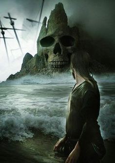 a woman standing in the water next to a giant skull with her head turned backwards