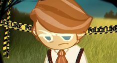 a cartoon boy with a hat and tie standing in front of a police tape line