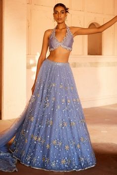 Prevasu | Soft Blue Net Lehenga Set | INDIASPOPUP.COM Beach Wedding Lehenga, Strapless Lehenga, New Indian Outfits, Bollywood Wedding Outfit, Lengha Modern, Nepali Clothing, Indian Party Outfits, Lehenga Aesthetic, Blue Net Lehenga