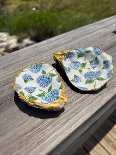 two blue and white plates sitting on top of a wooden table next to each other