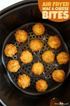 air fryer mac and cheese bites in an air fryer with text overlay