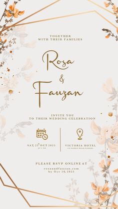 an elegant wedding card with gold foil flowers and leaves on it, in the shape of a hexagonal frame