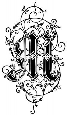 the letter m is made up of swirls and scrolls, with an ornate design