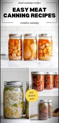 the instructions for canning canned vegetables in mason jars with text overlay that reads, easy meat canning recipes