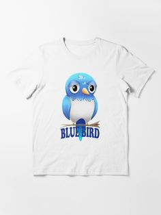 a white t - shirt with a blue bird on it's chest and the words blu