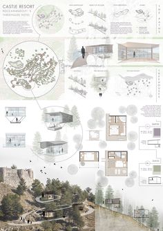 an architectural drawing shows the various sections of a building and its surroundings, including trees