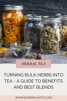 jars full of herbs with the words turning bulk herbs into tea - a guide to benefits and best blends