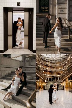 a couple is posing on the stairs in their wedding dresses and tuxedo suits