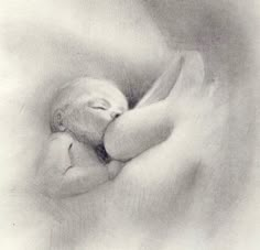 a pencil drawing of a baby sleeping in its mother's arms with her eyes closed