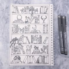 a book shelf filled with books and plants next to two markers on a marble surface