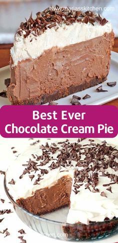 the best ever chocolate cream pie is in this collage and it's ready to be eaten