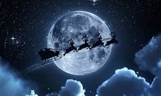 santa's sleigh flying in the night sky with full moon and stars