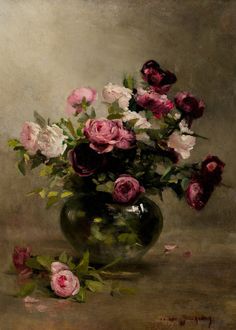 a painting of pink and white flowers in a vase on a brown tableclothed surface