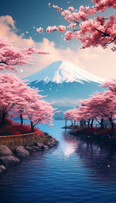 a painting of a mountain with cherry blossoms in the foreground and a river running through it