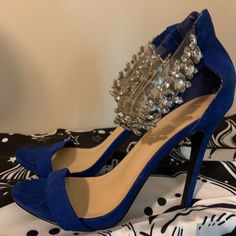 Euc Shoe Dazzle Blue Suede Stiletto Heels Silver Bling Detail Size 9 Zip Back These Are Essentially Nwot, Plastic Still On Bottoms, If They Were Worn At All It Was Only Once Inside Blue Sandals With 4-inch Heel For Party, Blue Pointed Toe Sandals For Night Out, Blue Pointed Toe Sandals For Party, Blue Party Sandals With 4-inch Heel, Blue Ankle Strap Heels For Party, Blue High Heel Party Shoes, Blue Heels With Rhinestones And Round Toe, Royal Blue Open Toe Heels For Party, Royal Blue Party Heels For Spring