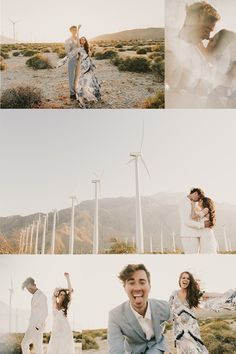 the couple is posing for pictures in front of windmills