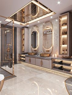 an elegant bathroom with gold accents and mirrors on the wall, along with marble flooring