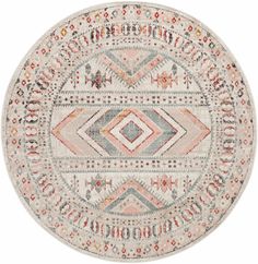 a round rug with an abstract design on the center and sides, in various colors