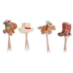 four different types of cowboy hats on toothpicks in the shape of hair clips