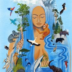 a painting of a woman surrounded by animals and birds in the water with mountains behind her