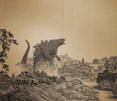 an ink drawing of a godzilla in the middle of a city with mountains and trees