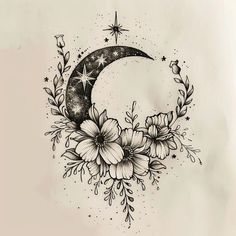 a drawing of a crescent with flowers and stars on the moon's back side