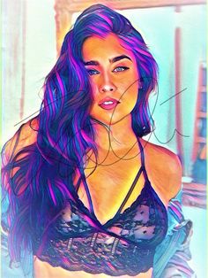 a digital painting of a woman with purple hair and bra top, looking at the camera