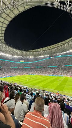 a stadium filled with lots of people sitting on top of a lush green soccer field