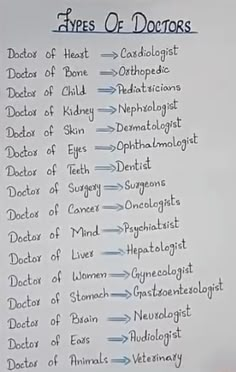 the types of doctors written on a piece of paper