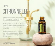 L’huile essentielle de citronnelle est fréquemment utilisée dans les produits de soins de la peau en raison de de ses propriétés de nettoyage. Elle a un arôme herbacé qui favorise un sentiment de prise de consience et elle est très pratique pour les massages thérapeutiques.