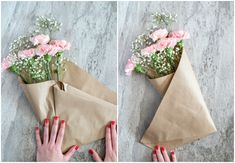 two pictures of someone wrapping flowers in a brown paper bag on the ground, and then placing them into an envelope