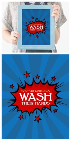 a person holding up a sign with the words wash their hands in red, white and blue