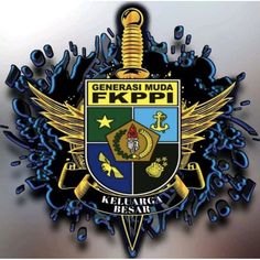 the logo for general muda f kppi, with blue and yellow paint on it