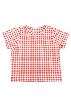 Material: Knit Cotton (95% cotton, 5% spandex) Casual Red Top For Picnic, Gingham Cotton Short Sleeve Tops, White Short Sleeve Top For Picnic, Casual Gingham Crew Neck Top, Classic Gingham Cotton Top, Classic Red Summer Tops, Cotton Gingham Tops For Picnic, Summer Plaid Crew Neck Top, Plaid Crew Neck Top For Summer