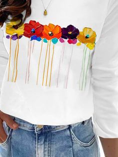 Crew Neck Floral Casual T-shirt Multicolor Graphic Tee For Spring, Spring Multicolor Graphic Print T-shirt, Multicolor Crew Neck Top For Spring, Multicolor Crew Neck T-shirt For Spring, Spring Graphic Print Crew Neck Top, Spring White Tops With Graphic Print, Spring Crew Neck Top With Graphic Print, Multicolor Crew Neck Shirt For Spring, Spring Long Sleeve Graphic Tee