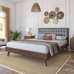 a bedroom with white walls and wood furniture, including a bed that's up against the wall