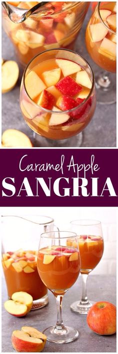 caramel apple sangria is served in glasses with sliced apples and garnishes