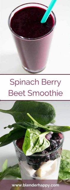 spinach berry beet smoothie recipe in a glass with green leaves and blueberries