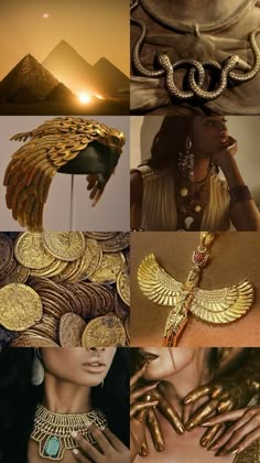 the collage shows gold jewelry and an egyptian woman's face with her hands on her chest