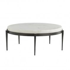 an oval marble top coffee table with black metal legs and white marble top, viewed from the front