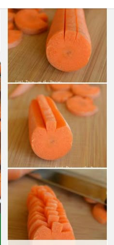 the process of making carrots is shown in three different stages, including being peeled and cut