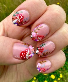 Nail arts/nail polish/ red /mashroom Mushroom Nail Designs Simple, Spring Mushroom Nails, Cottage Core Nail Art, Mushroom Almond Nails, Mushroom Manicure, Pink Mushroom Nails, Nerdy Nail Art, Nail Designs Mushroom, Nature Themed Nails